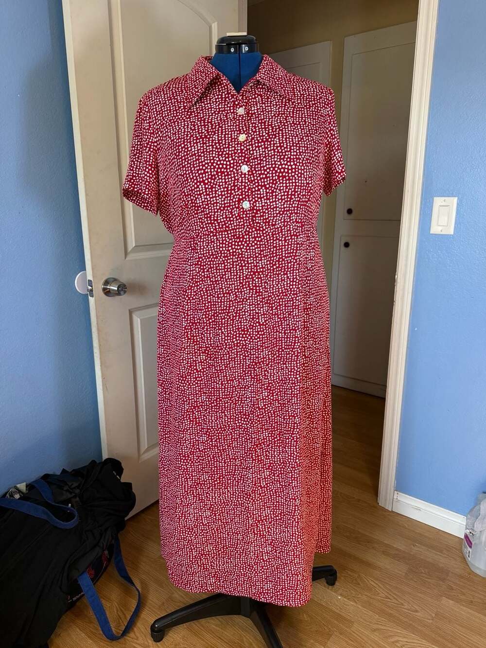 Vintage Norm Thompson Red Polka Dot Shirt Dress Short Sleeve Collar XL